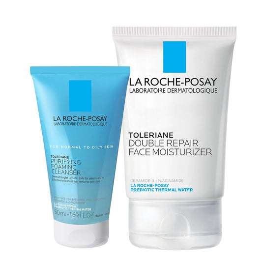 Toleraine Skin Care Set, Double Repair Face Moisturizer 100Ml & Purifying Foaming Facial Cleanser 50Ml, Oil Free Moisturizer & Face Wash for Oily Skin, Formulated with Niacinamide