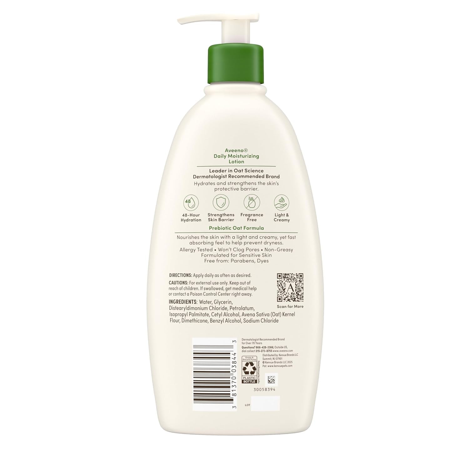 Aveeno Daily Moisturizing Body Lotion for Normal to Dry Skin, Moisturizer with Soothing Prebiotic Oat, Non Greasy, Non Comedogenic, Fragrance Free Body Lotion for Women & Men, 18 Fl Oz